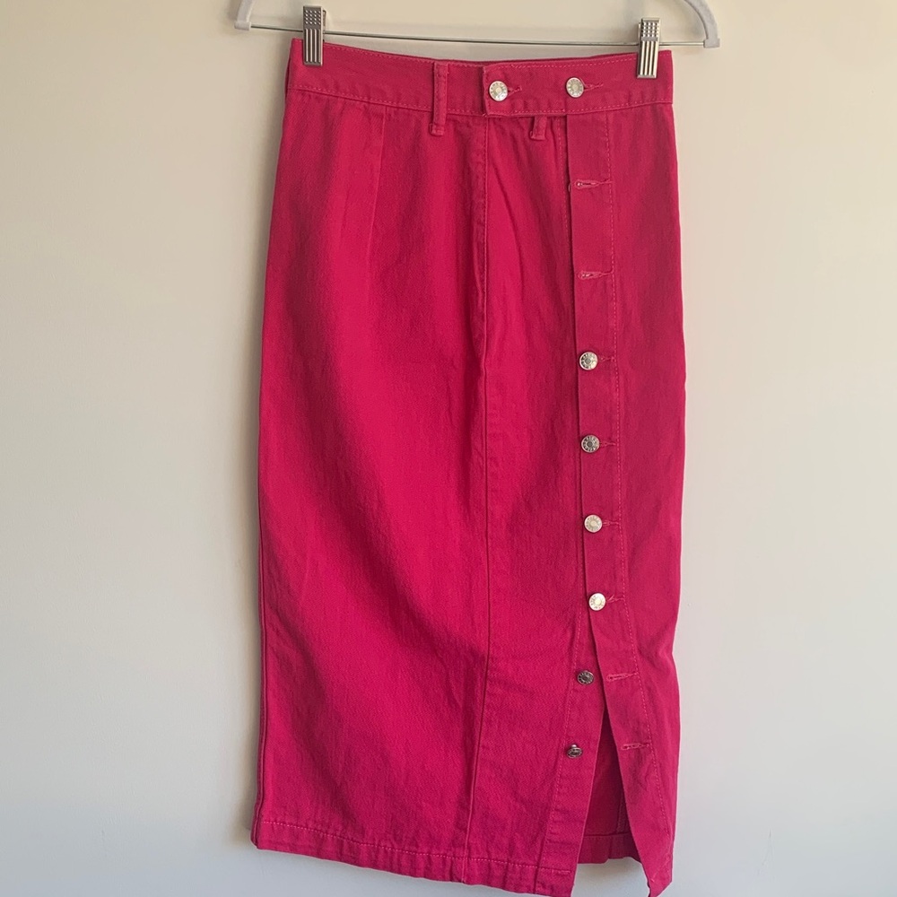 SHEIN Bright Pink Denim Button-Front Midi Skirt